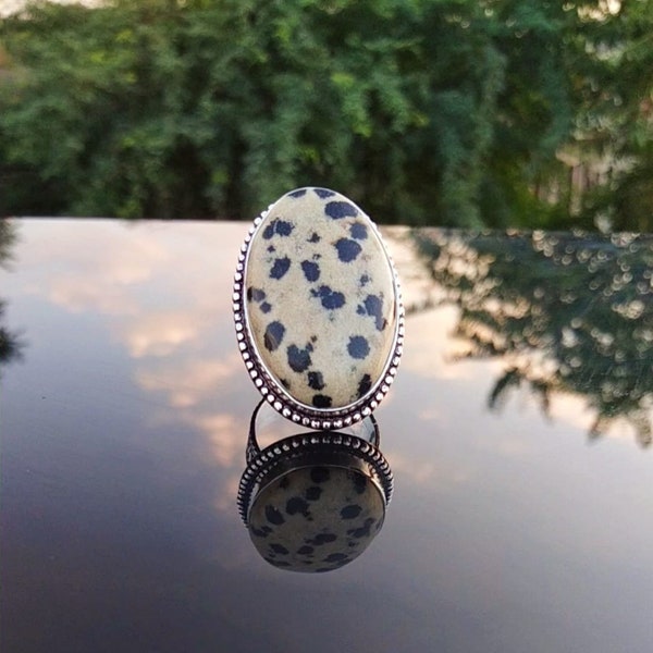 Bague en jaspe dalmatien naturel, bague faite main, bague en pierres précieuses, cadeau pour elle, pierre précieuse dalmate, dalmatien naturel, bague en argent sterling 925.