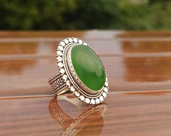 Green Jade Ring 925 Sterling Silver Oval Shape Handmade Jewelry