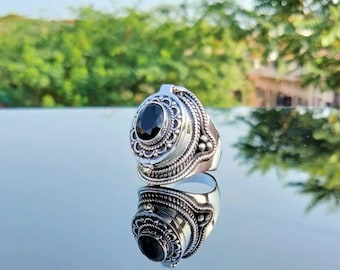 Black Onyx 925 Sterling Silver Box Ring: Secret Compartment Locket