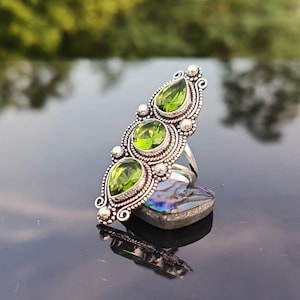 Natural Peridot Sterling Silver Ring, Boho Multi-Stone Pear Oval Gemstone