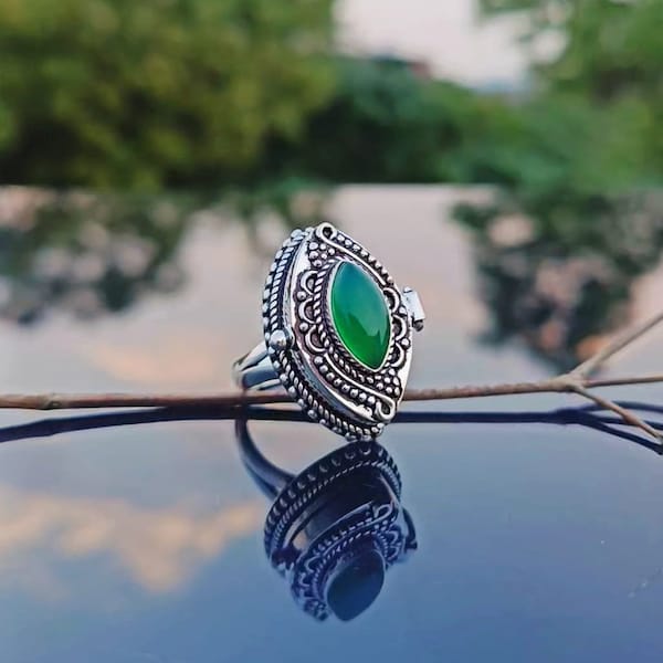 Green onyx Poison Ring,Handmade Marquise Shape Poison Ring,Pill Box Ring,Compartment Ring,Locket Ring,925 Sterling Silver Ring