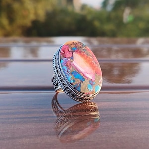 Pink Spiny Oyster Turquoise Ring,92.5 Sterling Silver Ring,Handmade Filigree Ring,Pink Spiny Oyster Ring,Women's For Love Ring,Gift For Her