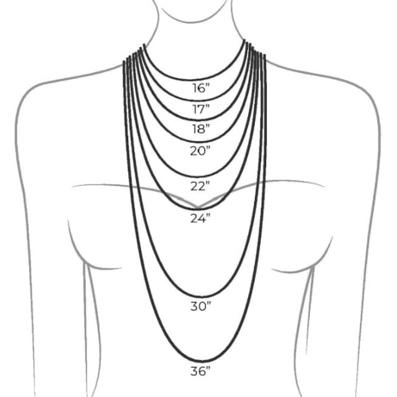 Puede incluir: Un diagrama que muestra diferentes longitudes de collar en una modelo, que van desde 16 pulgadas hasta 36 pulgadas.