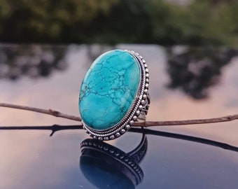 Handmade Oval Turquoise Ring: 925 Sterling Silver Statement Ring
