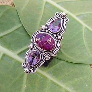 Purple Copper Turquoise Ring,Natural Purple Turquoise And Amethyst Gems Ring,Handmade Silver Designer Ring,925 Sterling Silver Ring