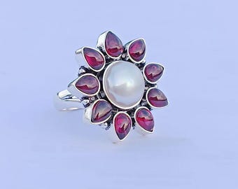 Handmade Pearl and Garnet Ring: Sterling Silver Bohemian Statement Ring