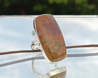 Ring aus natürlichem Rhyolith, länglicher rechteckiger Edelstein, 925er Sterlingsilber, Silberschmuck