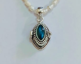 Pendentif labradorite avec chaîne de perles en forme de marquise en argent sterling 925 avec pendentif boîte