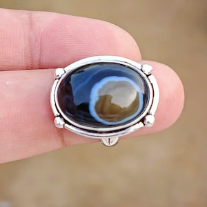 Schwarzer Solemani Hakik Ring: Ovaler Edelstein, Sterling Silber Statement Ring