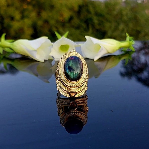 Bague empoisonnée en labradorite naturelle, bague plaquée or 24 carats, anneau pour compartiment, anneau empoisonné fait main, médaillon, cadeau pour maman, anneau pour pilulier