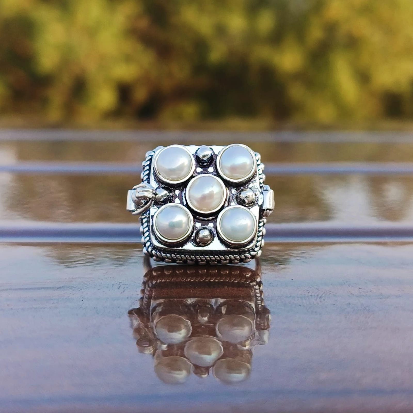 Pearl Pill Box Ring: Sterling Silver Hidden Compartment Locket product image