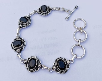 Pulsera de ónix negro: pulsera bohemia ajustable de plata de ley 925