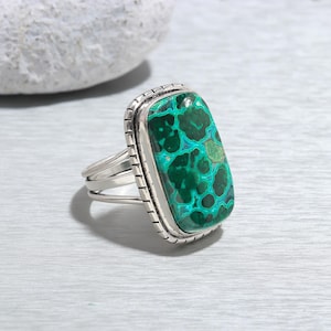 Azurite Malachite Ring,92.5 Sterling Silver Ring,A++ Quality Natural Gemstone,Solid Silver Ring,Gift For Mom,Long Rectangle Shape Ring