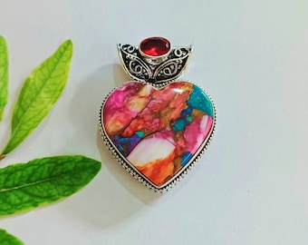 Colgante de corazón de turquesa con ostra espinosa rosa: collar de filigrana de plata de ley