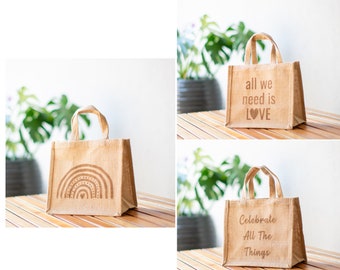 Set of 3 - Small Jute Gift Bags - "Rainbow", "Love & "Celebrate" - Reusable - Burlap Totes - Tote Bags