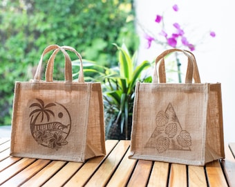 Set of 2 - Jute Gift Bags - "Monsterra" & "Beach" - Reusable - Burlap Totes - Tote Bags