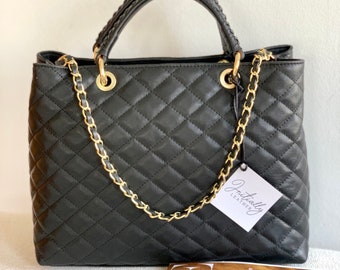 black quilted handbag with chain