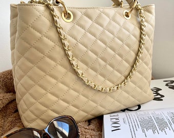 NEW Large Beige/Cream Quilted Leather Hand Bag + Chain Strap, Luxury Italian Leather Handbag Purse, Leather Bag with Monogram FREE MONOGRAM