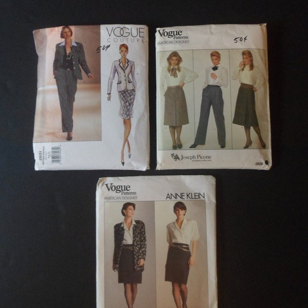 Vintage lot of 3 Designer Sewing Patterns - Vogue American Designer Anne Klein (2051) & Joseph Picone (2829) + Vogue Couture (2631) Size 10