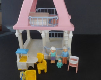 Vintage 1990 Little Tikes Grandma's House Pink Roof Cottage with Accessories - Doll House