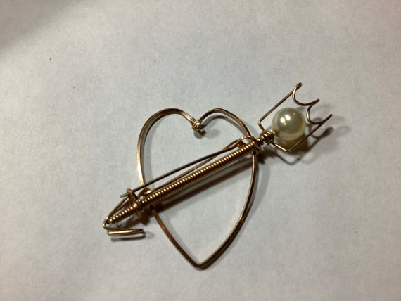 Vintage Handmade Copper Wire Heart & Pearl Pin Br… - image 2