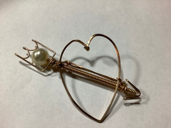 Vintage Handmade Copper Wire Heart & Pearl Pin Br… - image 4