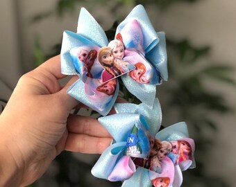 Girls Hair Bow 4/" Wide Frozen Elsa Aqua Ribbon Snowflake French Barrette