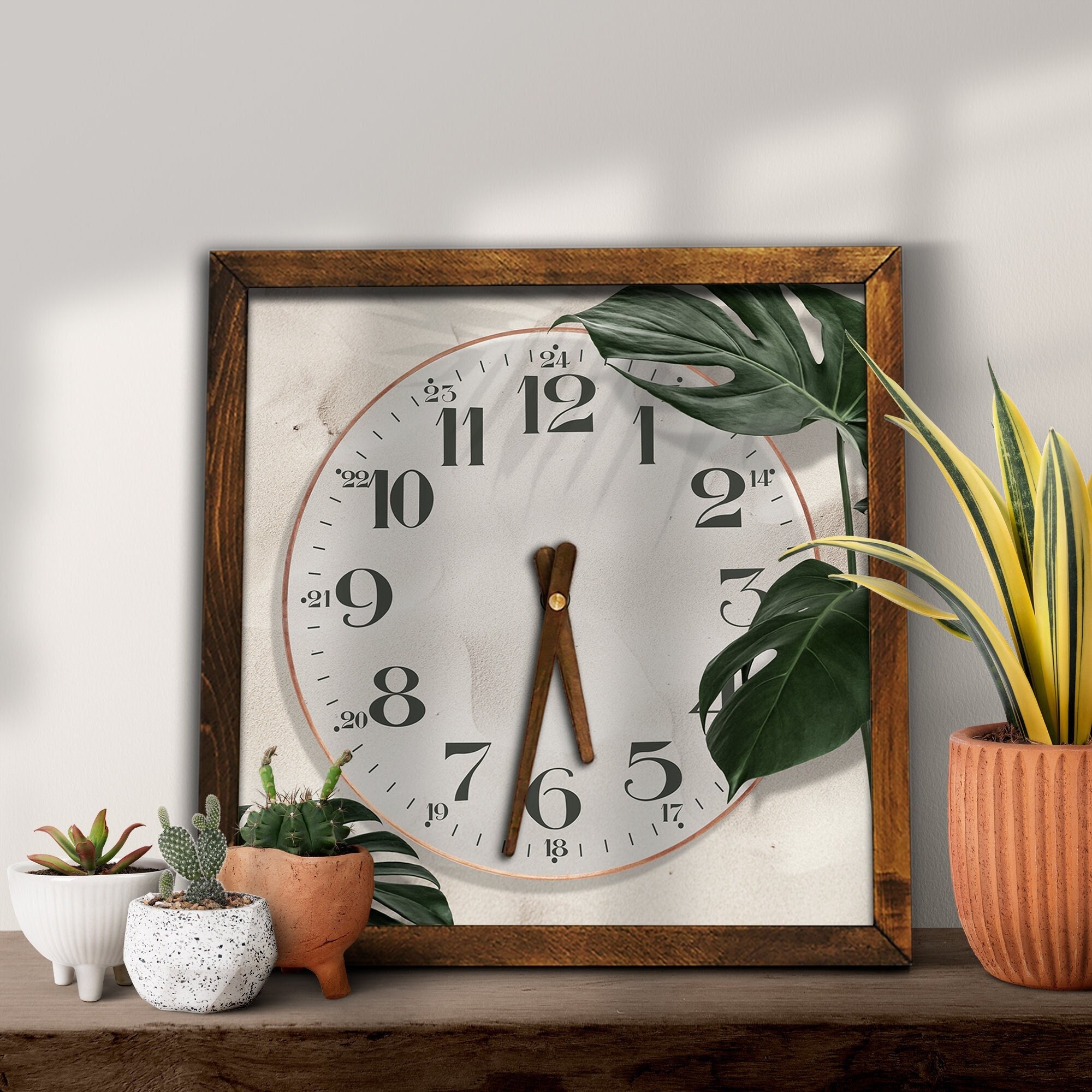 Monstera Leaf Wall Clock, Art Mural, Décoration Murale, Horloge en Bois, sur Toile, Cadeau de Nouvel