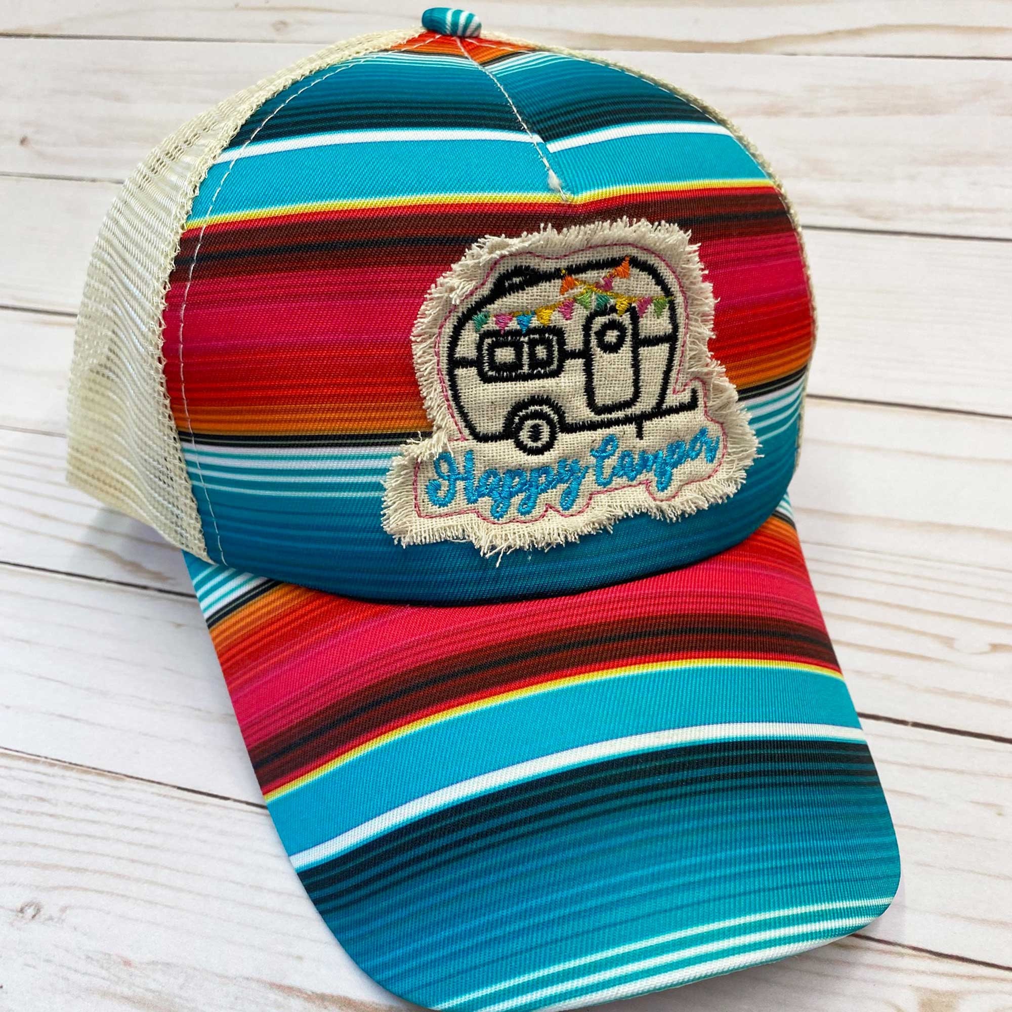 Katydid Happy Camper Women's Trucker Hat – Distressed Embroidery, Adjustable Velcro, Curved Bill, Made In USA - View #5