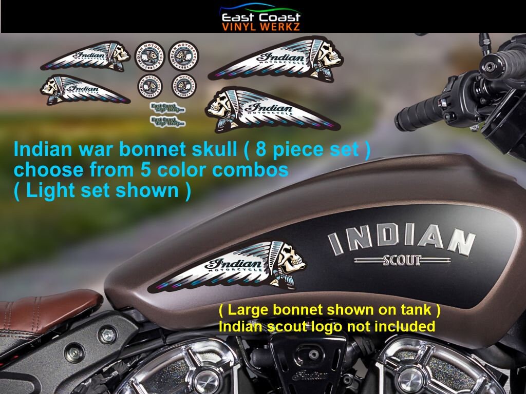 Indian Skull Motorcycle Vinyl Decal Logo Tank Set 8 Piece, Choose