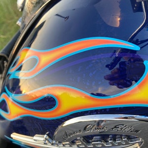 Old School No. 8 - Hot Rod Motorcycle Flame decals - Airbrushed Fire w/ Glacier Blue pinstripe - 8pc set - Honda Shadow Yamaha V Star Harley
