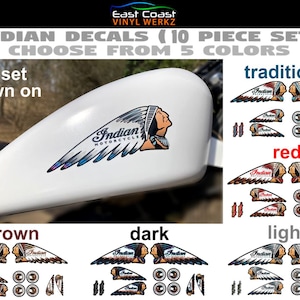 Indian head motorcycle vinyl decal logo tank set 10 piece, choose from 5 colors
