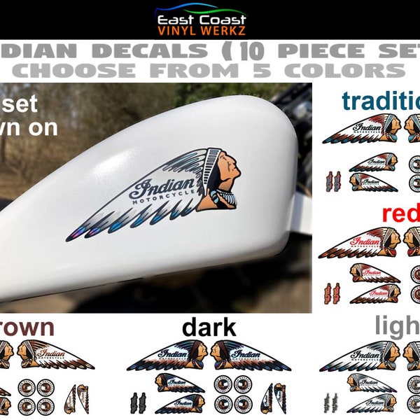 Indian head motorcycle vinyl decal logo tank set 10 piece, choose from 5 colors