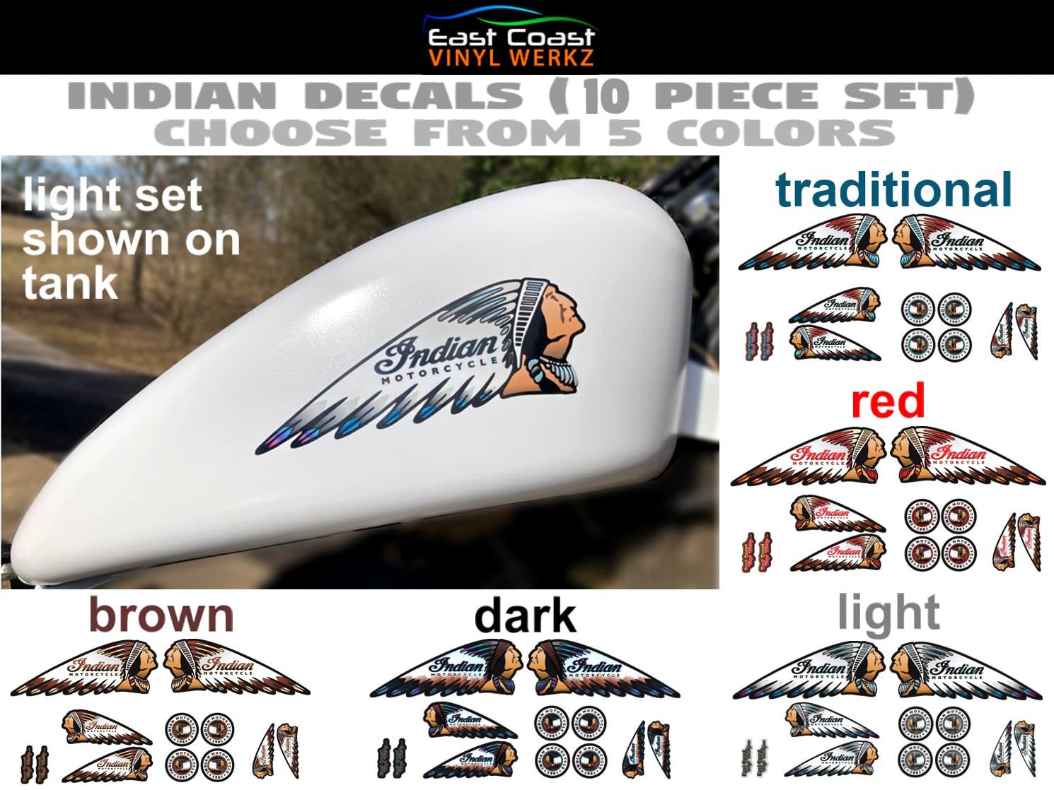 Indian Head Motorcycle Vinyl Decal Logo Tank Set 10 Piece, Choose