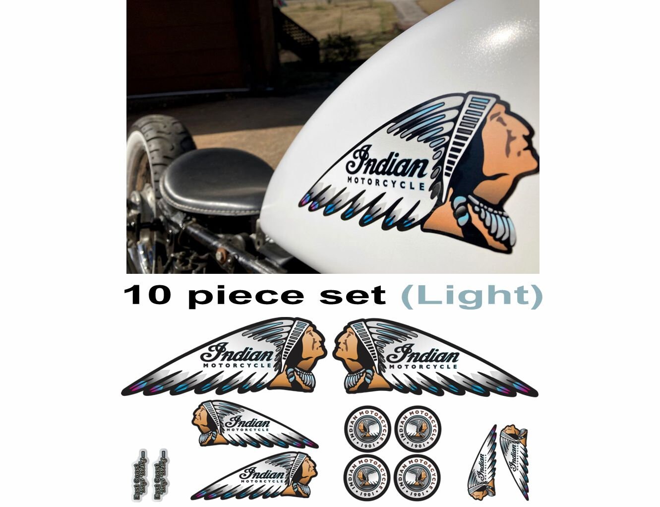 Indian Head Motorcycle Vinyl Decal Logo Tank Set 10 Piece, Choose