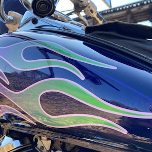 Motorcycle Flame Decals - Hot Rod Big No. 6 - Green and Purple - 6pc Tank & Fender Set for Bobber Harley Honda Shadow V star