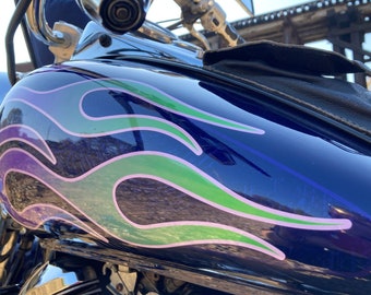 Motorcycle Flame Decals - Hot Rod Big No. 6 - Green and Purple - 6pc Tank & Fender Set for Bobber Harley Honda Shadow V star