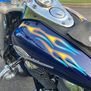 Old School No. 4 - Hot Rod Motorcycle Flame decals - Airbrushed Fire w/ Glacier Blue pinstripe - 4pc set - Honda Shadow Yamaha V Star Harley