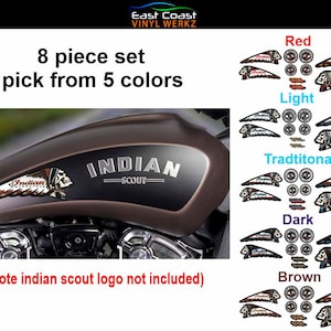 Indian skull motorcycle vinyl decal logo tank set 8 piece, choose from 5 colors