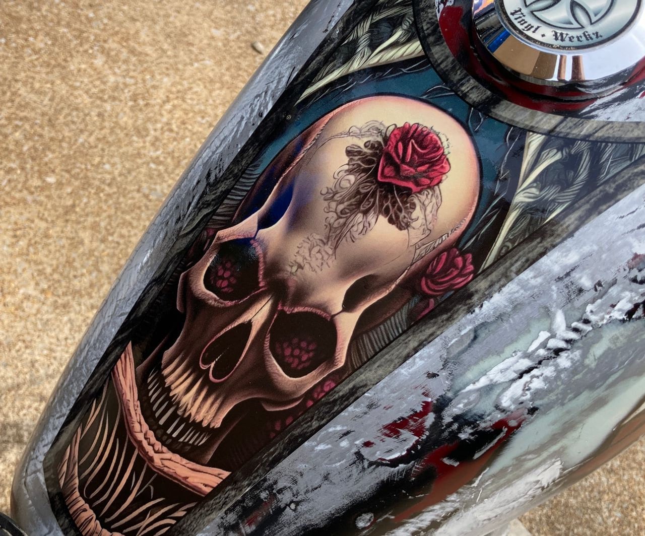 Skull & Roses (w/wood trim) - Motorcycle tank Decal - 1pc - Harley Sportster Chopper Bobber Honda Rebel Fury