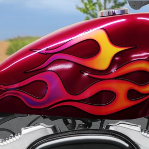 Devil&#39;s Tail 6 piece Tangerine/Plum Motorcycle Flame Decals for tank fender scout sportster bobber Indian Vulcan Honda Shadow V star