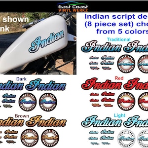May include: Eight-piece set of Indian motorcycle script decals in five colours: traditional blue, dark blue, red, brown, and light blue. Each set includes two large script decals, two small script decals, and two round Indian Motorcycle logos.