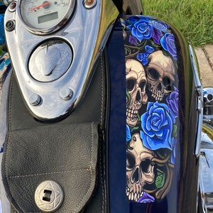 Motorcycle tank decal set - Skulls & Roses - Blue / Purple - 2pc set - Mural style - for Harley Honda V Star Vulcan Boulevard