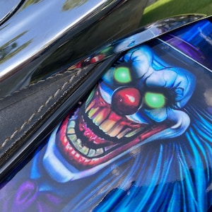 Motorcycle tank decal set - Evil Clown No. 1 - 2pc set - Mural style - for Harley Honda Shadow V Star Vulcan Boulevard bobber chopper