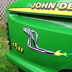 Racing Header vinyl decals for riding lawn mowers - 2 pc set - Pick from 3 flame colors - For John Deere racing mowers lawn tractors