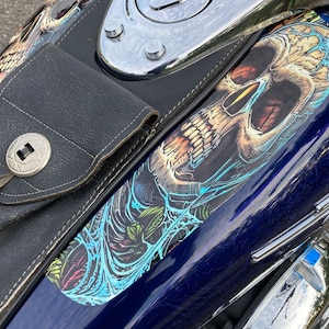 Motorcycle tank decal set - Skulls & Spider Webs - Mural style 2pc Set - for Harley Honda Shadow V Star Vulcan Boulevard bobber