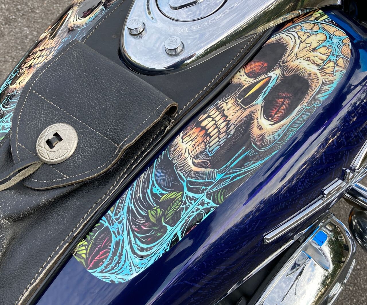 Motorcycle Tank Decal Set - Skulls & Spider Webs - Mural Style 2pc