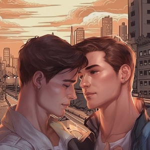 MM Romance/Gay Fiction Novel Cover Art--Two Young Men Against Drawing of Sunset in a Urban Area--Sized for Kindle--Instant Download--Premade