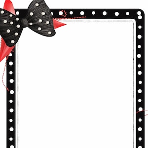 May include: A black and white polka dot frame with a red and white polka dot bow on the bottom right corner and a black bow with white pearls on the top left corner.