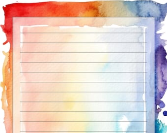 Rainbow Watercolor Lined and Unlined and Plain Writing Papers--Instant Download--8 1/2 x 11